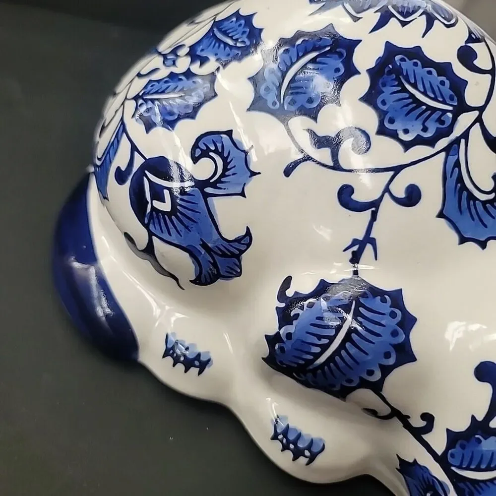 Cobalt Blue & White Chinoiserie Porcelain Cat Floral Chintz Design 10x5x5" Vtg - Picture 11 of 12